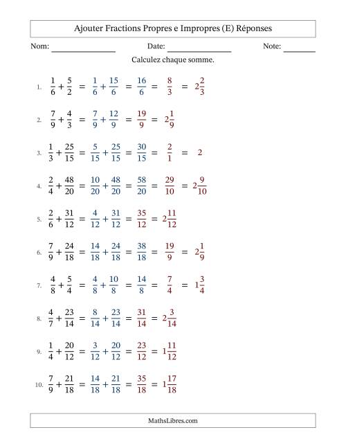 Ajouter fractions propres e impropres avec des dénominateurs similaires, résultats en fractions mixtes, et avec simplification dans quelques problèmes (Remplissable) (E) page 2