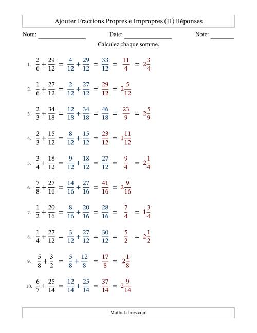 Ajouter fractions propres e impropres avec des dénominateurs similaires, résultats en fractions mixtes, et avec simplification dans quelques problèmes (Remplissable) (H) page 2