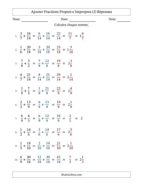 Ajouter fractions propres e impropres avec des dénominateurs similaires, résultats en fractions mixtes, et avec simplification dans quelques problèmes (Remplissable) (J) page 2
