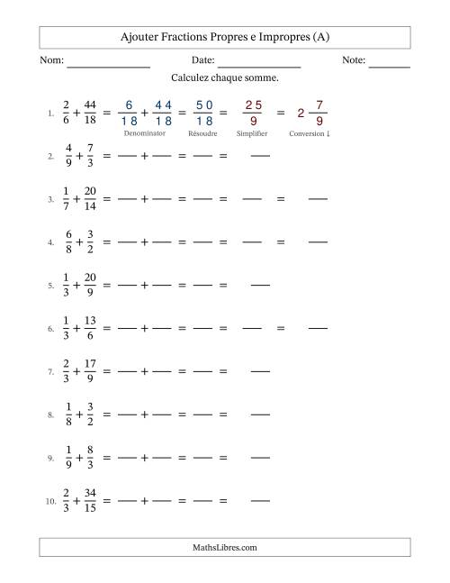 Ajouter fractions propres e impropres avec des dénominateurs similaires, résultats en fractions mixtes, et avec simplification dans quelques problèmes (Remplissable) (Tout)