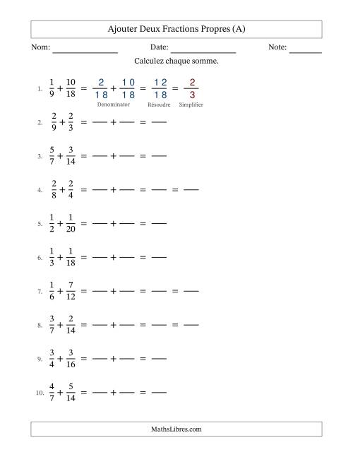 Ajouter deux fractions propres avec des dénominateurs similaires, résultats en fractions propres, et avec simplification dans quelques problèmes (Remplissable) (Tout)