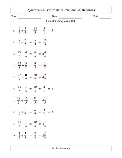 Ajouter et soustraire fractions propres e impropres avec des dénominateurs égaux, résultats en fractions mixtes, et avec simplification dans quelques problèmes (Remplissable) (A) page 2