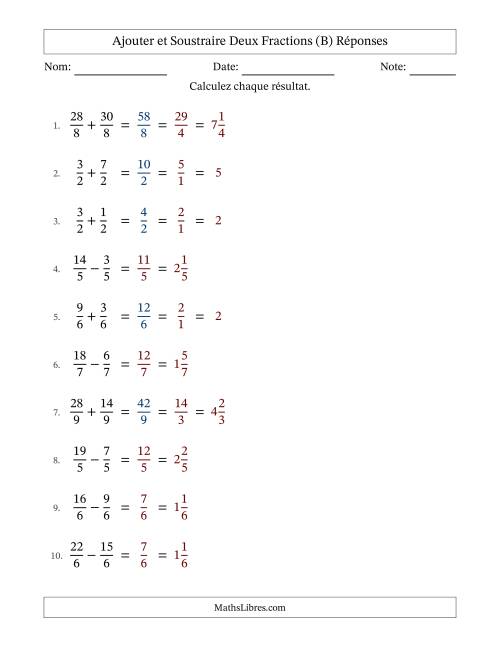 Ajouter et soustraire fractions propres e impropres avec des dénominateurs égaux, résultats en fractions mixtes, et avec simplification dans quelques problèmes (Remplissable) (B) page 2