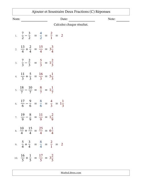 Ajouter et soustraire fractions propres e impropres avec des dénominateurs égaux, résultats en fractions mixtes, et avec simplification dans quelques problèmes (Remplissable) (C) page 2