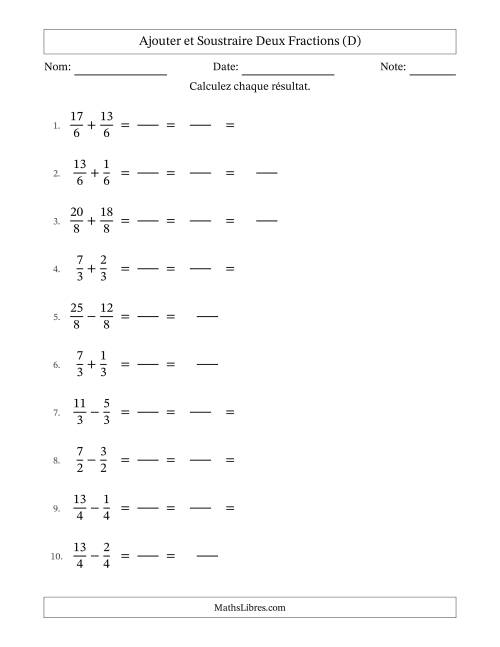 Ajouter et soustraire fractions propres e impropres avec des dénominateurs égaux, résultats en fractions mixtes, et avec simplification dans quelques problèmes (Remplissable) (D)