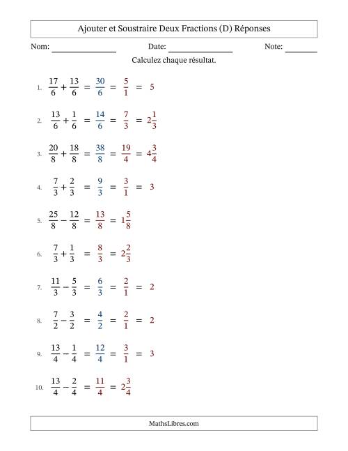 Ajouter et soustraire fractions propres e impropres avec des dénominateurs égaux, résultats en fractions mixtes, et avec simplification dans quelques problèmes (Remplissable) (D) page 2