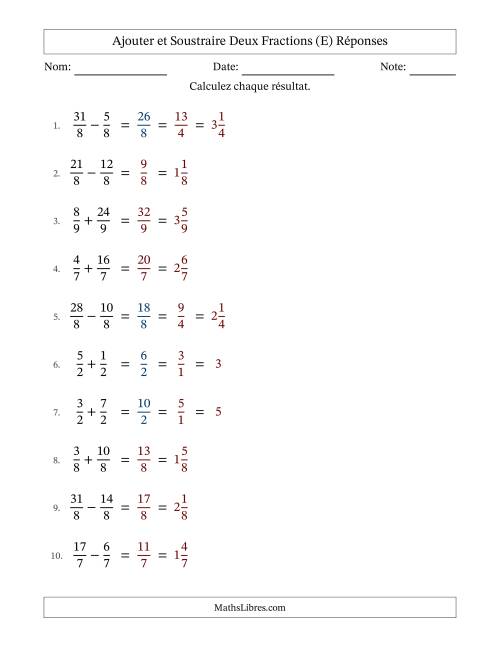 Ajouter et soustraire fractions propres e impropres avec des dénominateurs égaux, résultats en fractions mixtes, et avec simplification dans quelques problèmes (Remplissable) (E) page 2