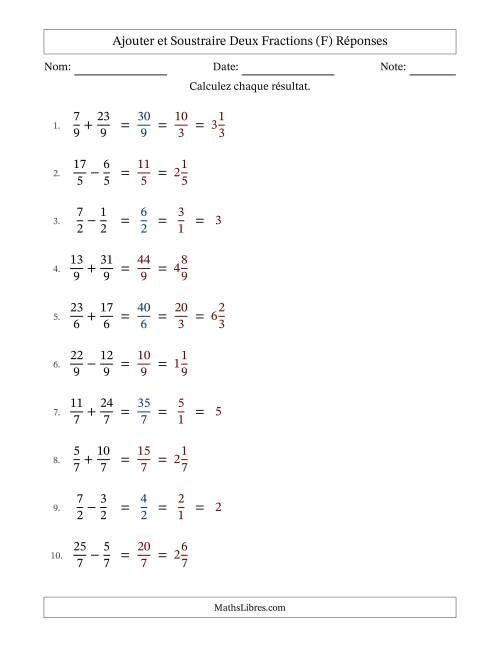Ajouter et soustraire fractions propres e impropres avec des dénominateurs égaux, résultats en fractions mixtes, et avec simplification dans quelques problèmes (Remplissable) (F) page 2