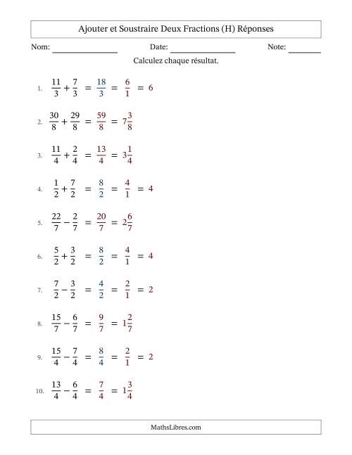 Ajouter et soustraire fractions propres e impropres avec des dénominateurs égaux, résultats en fractions mixtes, et avec simplification dans quelques problèmes (Remplissable) (H) page 2