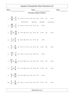 Ajouter et soustraire fractions propres e impropres avec des dénominateurs similaires, résultats en fractions mixtes, et avec simplification dans quelques problèmes (Remplissable)