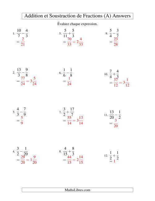 Addition et Soustraction de Fractions (A) page 2