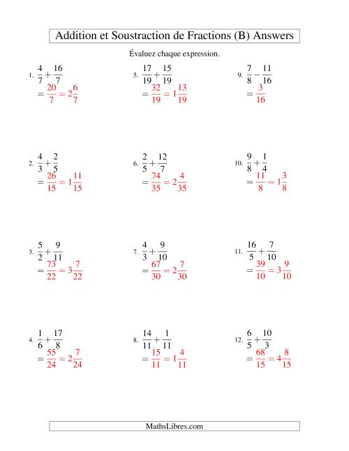 Addition et Soustraction de Fractions (B) page 2