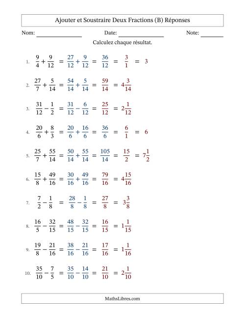 Ajouter et soustraire fractions propres e impropres avec des dénominateurs similaires, résultats en fractions mixtes, et avec simplification dans quelques problèmes (Remplissable) (B) page 2