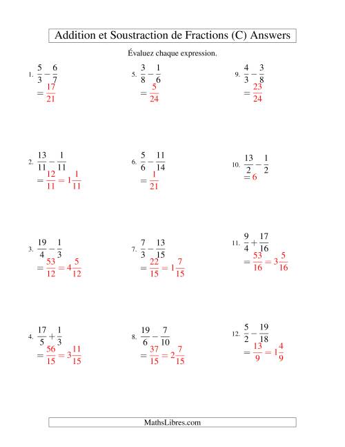 Addition et Soustraction de Fractions (C) page 2