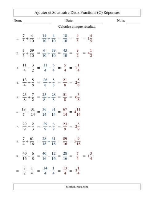 Ajouter et soustraire fractions propres e impropres avec des dénominateurs similaires, résultats en fractions mixtes, et avec simplification dans quelques problèmes (Remplissable) (C) page 2