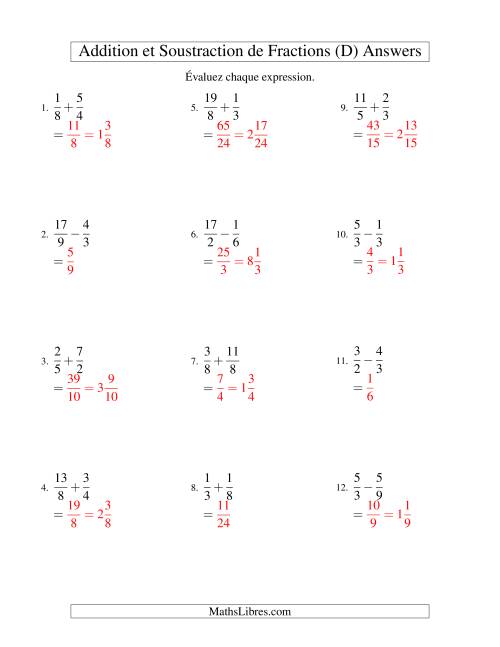 Addition et Soustraction de Fractions (D) page 2