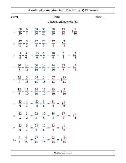 Ajouter et soustraire fractions propres e impropres avec des dénominateurs similaires, résultats en fractions mixtes, et avec simplification dans quelques problèmes (Remplissable) (D) page 2