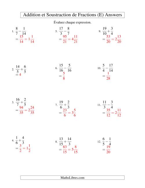 Addition et Soustraction de Fractions (E) page 2