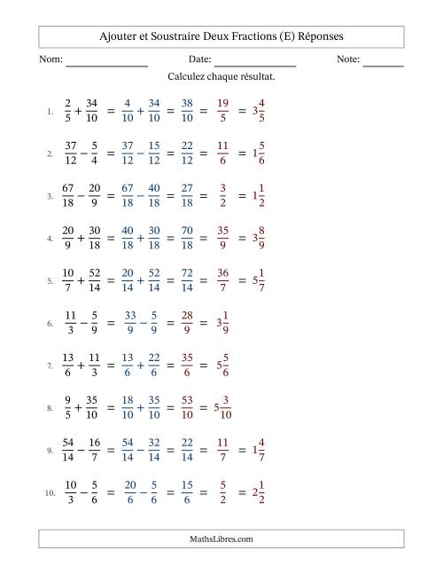 Ajouter et soustraire fractions propres e impropres avec des dénominateurs similaires, résultats en fractions mixtes, et avec simplification dans quelques problèmes (Remplissable) (E) page 2