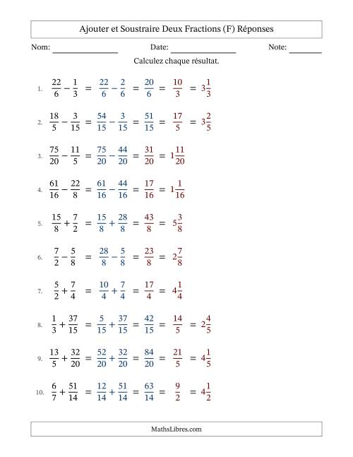 Ajouter et soustraire fractions propres e impropres avec des dénominateurs similaires, résultats en fractions mixtes, et avec simplification dans quelques problèmes (Remplissable) (F) page 2