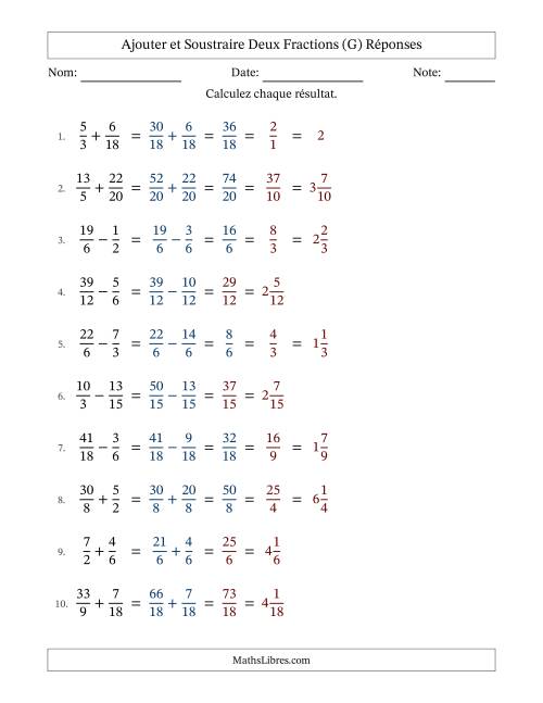 Ajouter et soustraire fractions propres e impropres avec des dénominateurs similaires, résultats en fractions mixtes, et avec simplification dans quelques problèmes (Remplissable) (G) page 2