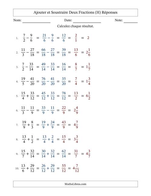 Ajouter et soustraire fractions propres e impropres avec des dénominateurs similaires, résultats en fractions mixtes, et avec simplification dans quelques problèmes (Remplissable) (H) page 2