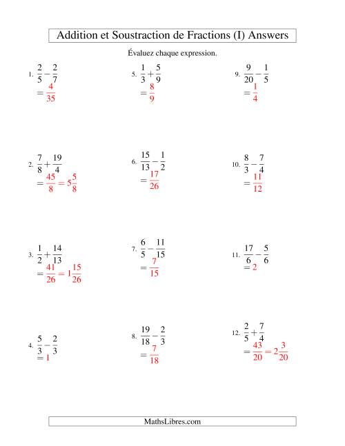 Addition et Soustraction de Fractions (I) page 2