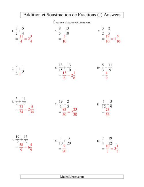 Addition et Soustraction de Fractions (J) page 2