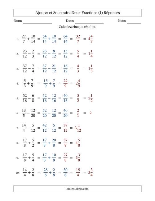 Ajouter et soustraire fractions propres e impropres avec des dénominateurs similaires, résultats en fractions mixtes, et avec simplification dans quelques problèmes (Remplissable) (J) page 2