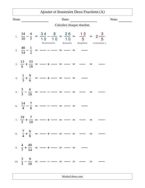 Ajouter et soustraire fractions propres e impropres avec des dénominateurs similaires, résultats en fractions mixtes, et avec simplification dans quelques problèmes (Remplissable) (Tout)