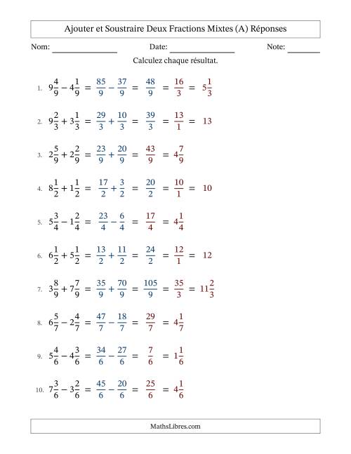 Ajouter et soustraire deux fractions mixtes avec des dénominateurs égaux, résultats en fractions mixtes, et avec simplification dans quelques problèmes (Remplissable) (A) page 2
