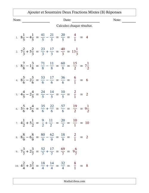 Ajouter et soustraire deux fractions mixtes avec des dénominateurs égaux, résultats en fractions mixtes, et avec simplification dans quelques problèmes (Remplissable) (B) page 2