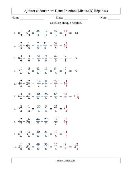 Ajouter et soustraire deux fractions mixtes avec des dénominateurs égaux, résultats en fractions mixtes, et avec simplification dans quelques problèmes (Remplissable) (D) page 2