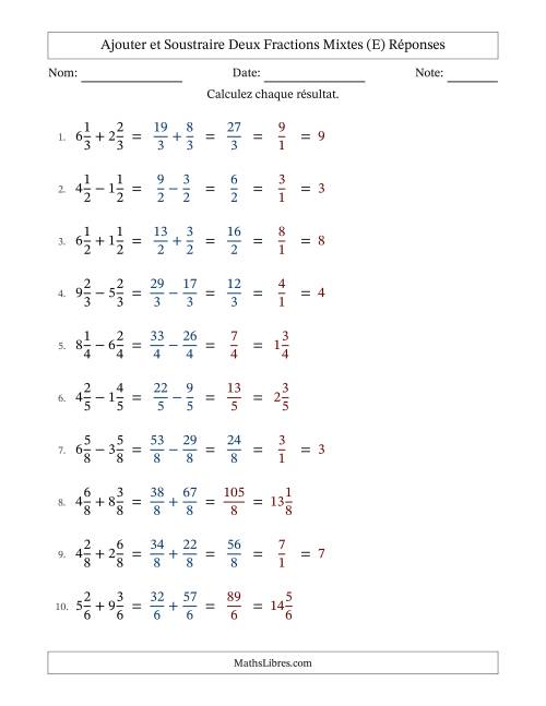 Ajouter et soustraire deux fractions mixtes avec des dénominateurs égaux, résultats en fractions mixtes, et avec simplification dans quelques problèmes (Remplissable) (E) page 2