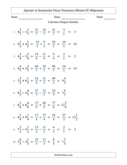 Ajouter et soustraire deux fractions mixtes avec des dénominateurs égaux, résultats en fractions mixtes, et avec simplification dans quelques problèmes (Remplissable) (F) page 2