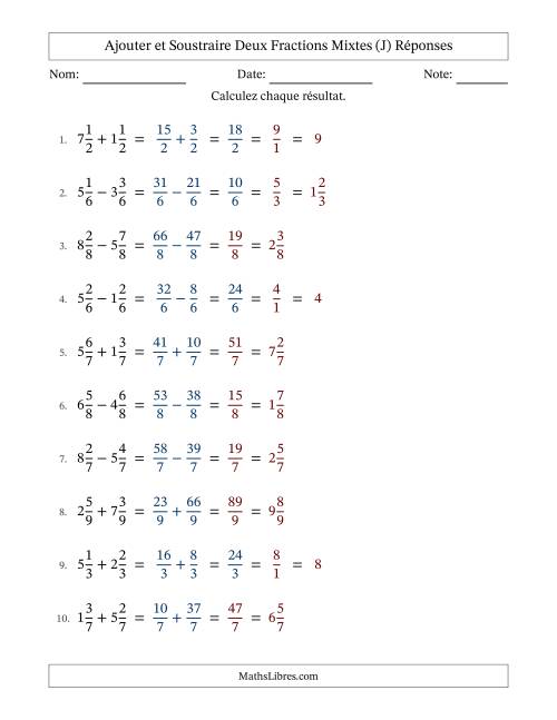 Ajouter et soustraire deux fractions mixtes avec des dénominateurs égaux, résultats en fractions mixtes, et avec simplification dans quelques problèmes (Remplissable) (J) page 2