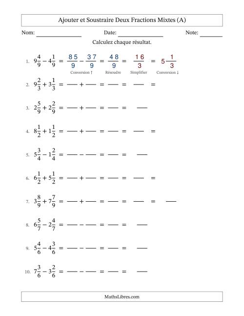 Ajouter et soustraire deux fractions mixtes avec des dénominateurs égaux, résultats en fractions mixtes, et avec simplification dans quelques problèmes (Remplissable) (Tout)