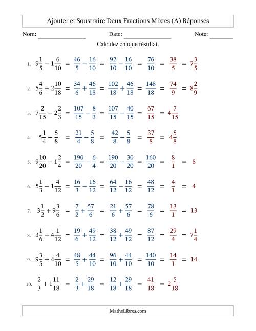 Ajouter et soustraire deux fractions mixtes avec des dénominateurs similaires, résultats en fractions mixtes, et avec simplification dans quelques problèmes (Remplissable) (A) page 2