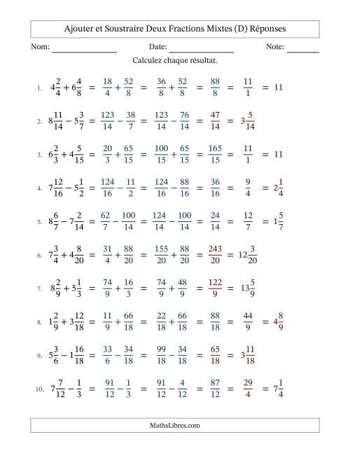 Ajouter et soustraire deux fractions mixtes avec des dénominateurs similaires, résultats en fractions mixtes, et avec simplification dans quelques problèmes (Remplissable) (D) page 2