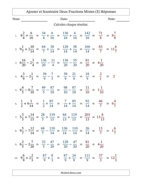 Ajouter et soustraire deux fractions mixtes avec des dénominateurs similaires, résultats en fractions mixtes, et avec simplification dans quelques problèmes (Remplissable) (E) page 2