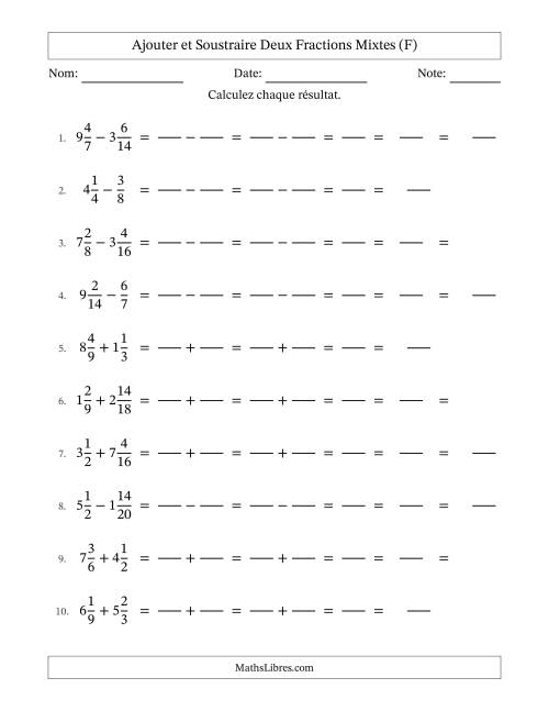 Ajouter et soustraire deux fractions mixtes avec des dénominateurs similaires, résultats en fractions mixtes, et avec simplification dans quelques problèmes (Remplissable) (F)