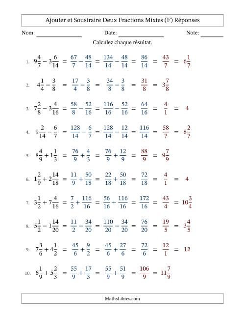 Ajouter et soustraire deux fractions mixtes avec des dénominateurs similaires, résultats en fractions mixtes, et avec simplification dans quelques problèmes (Remplissable) (F) page 2