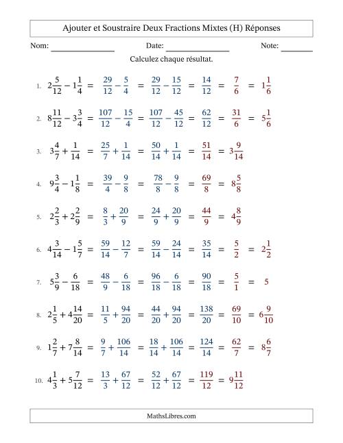 Ajouter et soustraire deux fractions mixtes avec des dénominateurs similaires, résultats en fractions mixtes, et avec simplification dans quelques problèmes (Remplissable) (H) page 2
