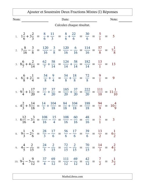Ajouter et soustraire deux fractions mixtes avec des dénominateurs similaires, résultats en fractions mixtes, et avec simplification dans quelques problèmes (Remplissable) (I) page 2