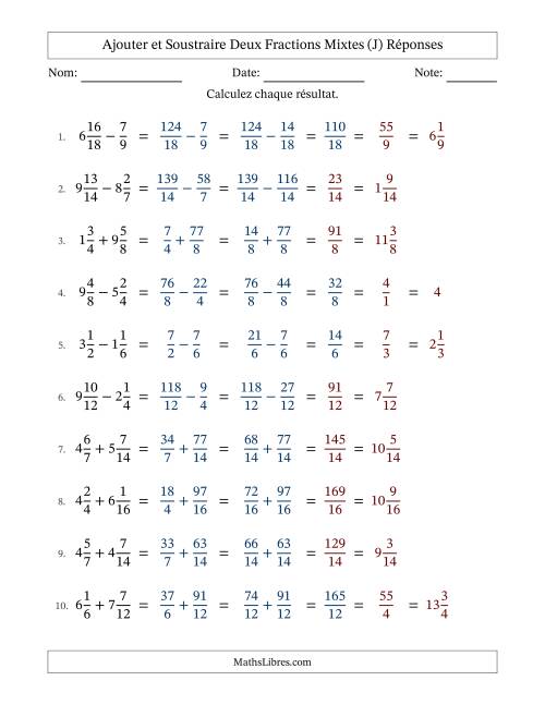 Ajouter et soustraire deux fractions mixtes avec des dénominateurs similaires, résultats en fractions mixtes, et avec simplification dans quelques problèmes (Remplissable) (J) page 2