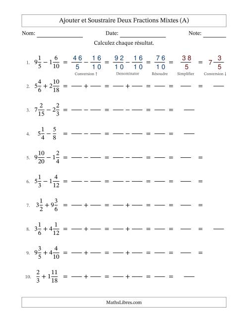 Ajouter et soustraire deux fractions mixtes avec des dénominateurs similaires, résultats en fractions mixtes, et avec simplification dans quelques problèmes (Remplissable) (Tout)