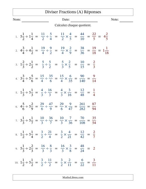 Diviser deux fractions mixtes, et avec simplification dans tous les problèmes (Remplissable) (A) page 2