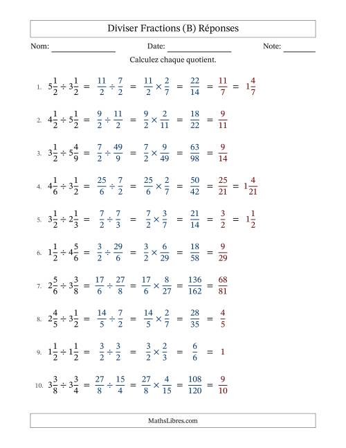 Diviser deux fractions mixtes, et avec simplification dans tous les problèmes (Remplissable) (B) page 2