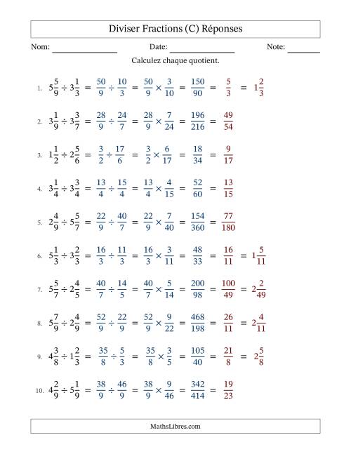 Diviser deux fractions mixtes, et avec simplification dans tous les problèmes (Remplissable) (C) page 2