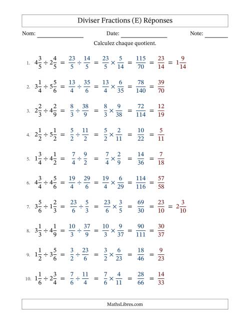 Diviser deux fractions mixtes, et avec simplification dans tous les problèmes (Remplissable) (E) page 2